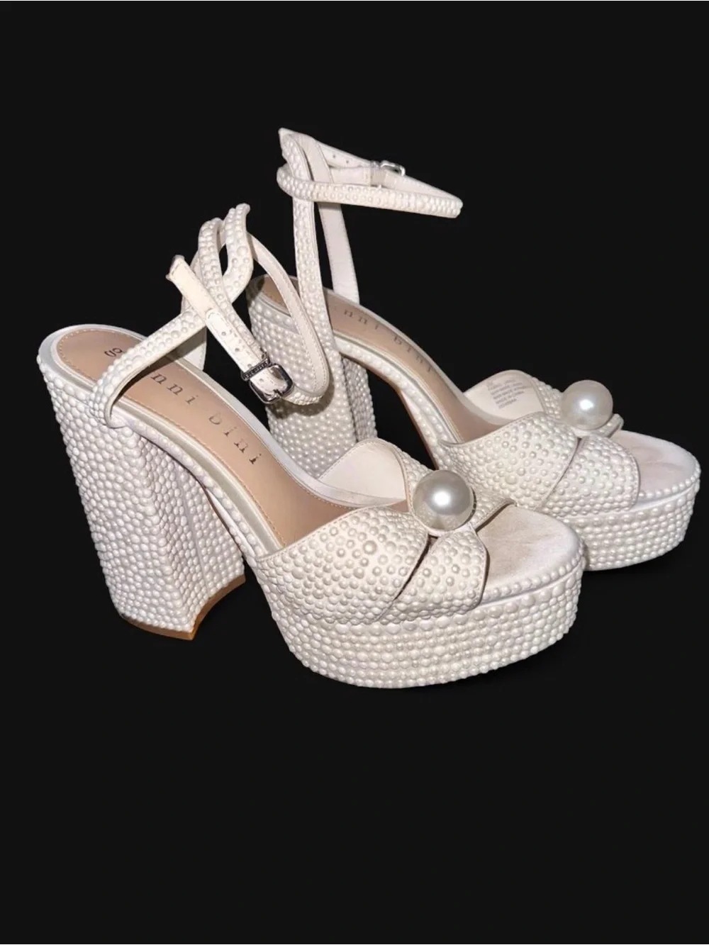 Pearl-Embellished Cream Platform Heels with Ankle Strap